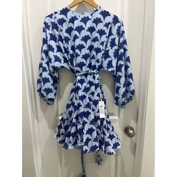 NWT J. Marie Luna Rope Belted Blue mini Dress Ginkgo Leaf Print Sz XS - Picture 1 of 6
